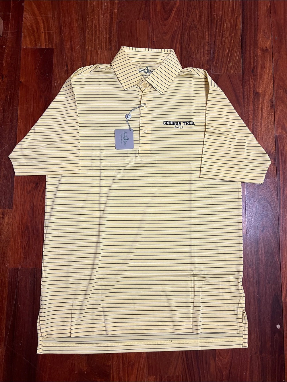 NWT Bobby Jones Yellow Polo with Thin Navy Stripes Georgia Tech Golf Shirt